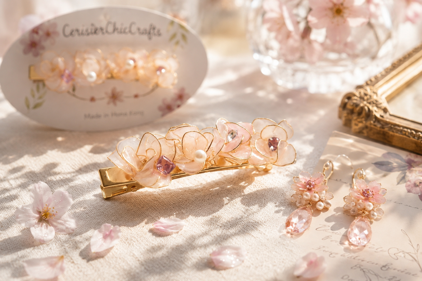 "Dreamy Sakura" Handcrafted Resin Hair Clip – Artisan Gold-Edged Petals & Pearl Accessory