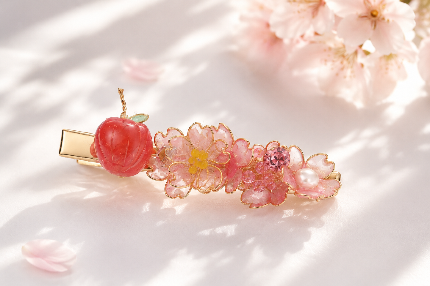 Handmade Sakura Cherry Blossom & Apple Resin Hair Clip | Cerisier Chic Crafts