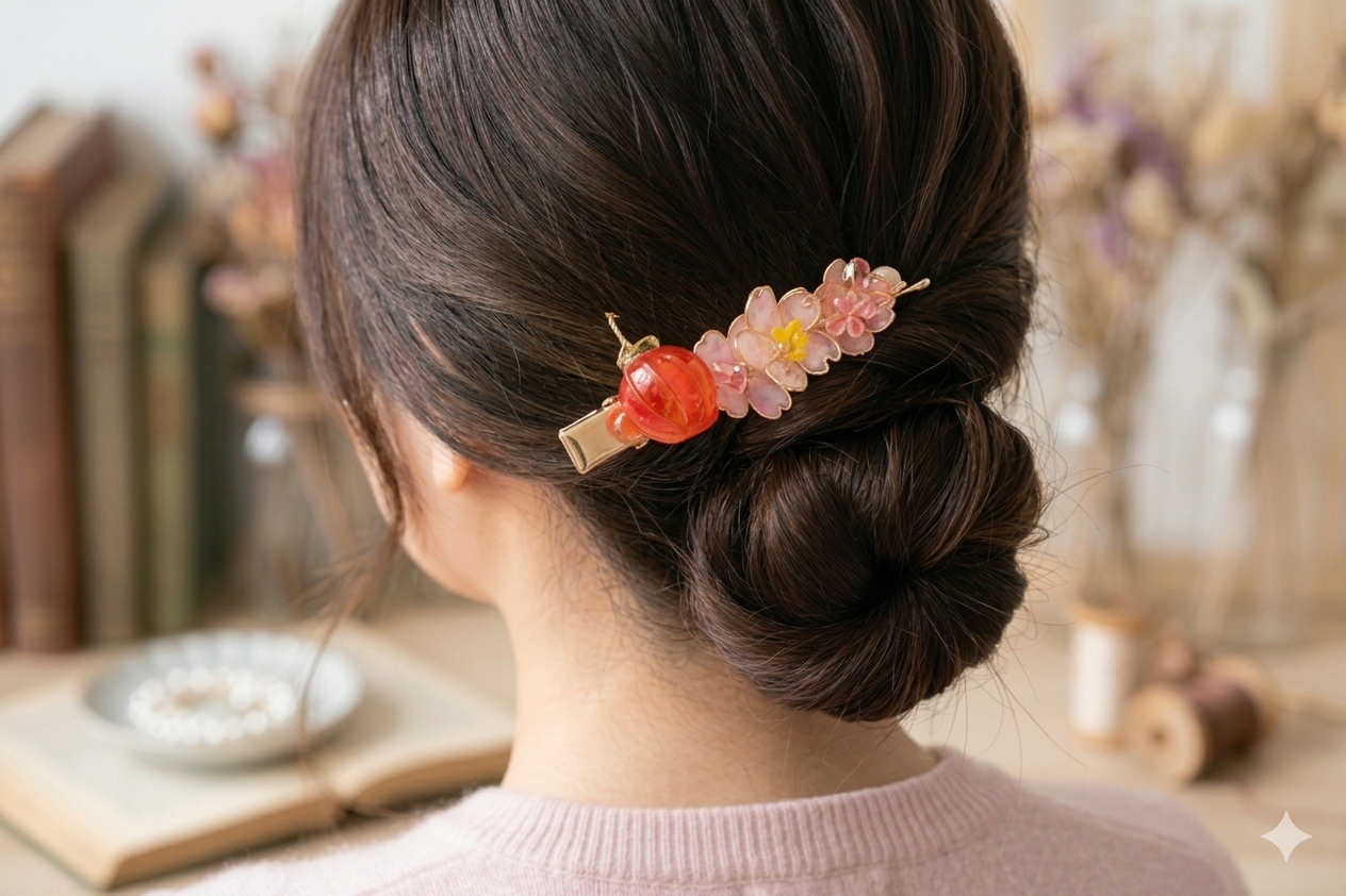 "Peace & Blossom" Handcrafted Resin Hair Clip – Artisan Red Fruit & Sakura Floral Accessory