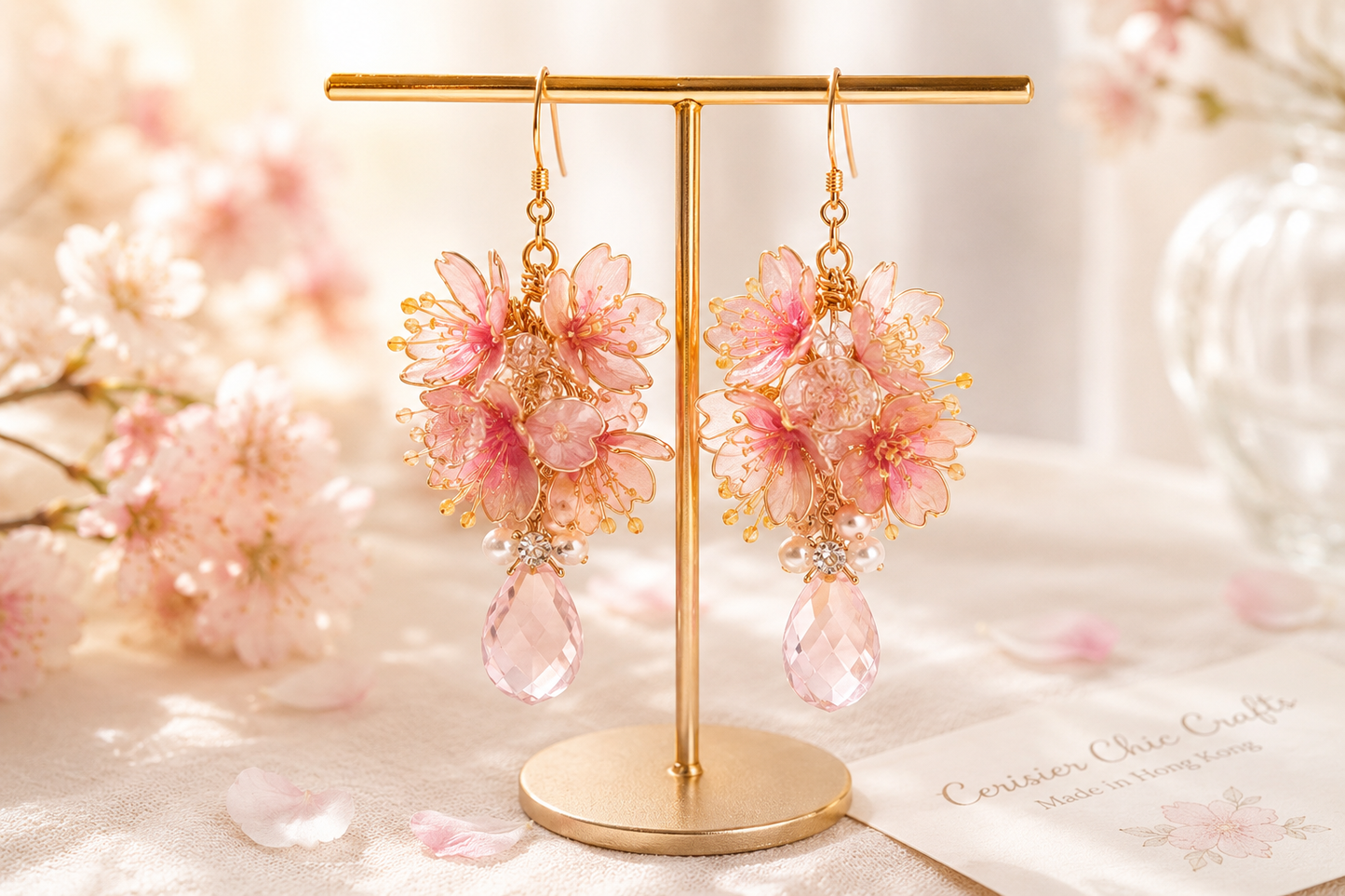 Handcrafted Cherry Blossom Resin Dangle Earrings - Cerisier Chic Crafts