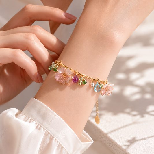 Sakura Blossom Charm Bracelet - Handcrafted Resin & Gemstone Jewelry | Cerisier Chic Crafts