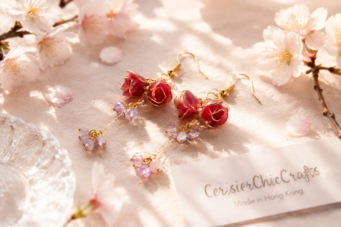 Handmade Resin Rose Dangle Earrings with Crystals - Cerisier Chic Crafts