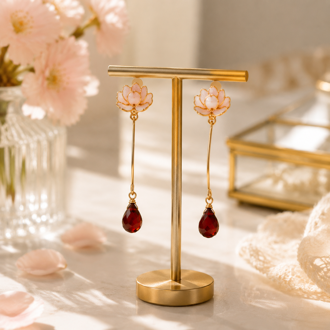 Handmade Rose Resin Drop Earrings with Ruby Pendant | Cerisier Chic