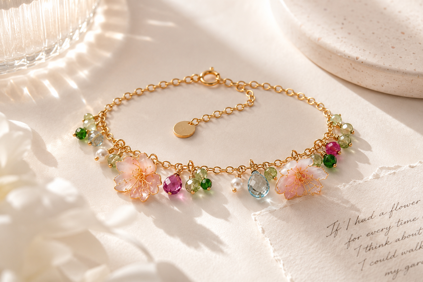 Sakura Blossom Charm Bracelet - Handcrafted Resin & Gemstone Jewelry | Cerisier Chic Crafts
