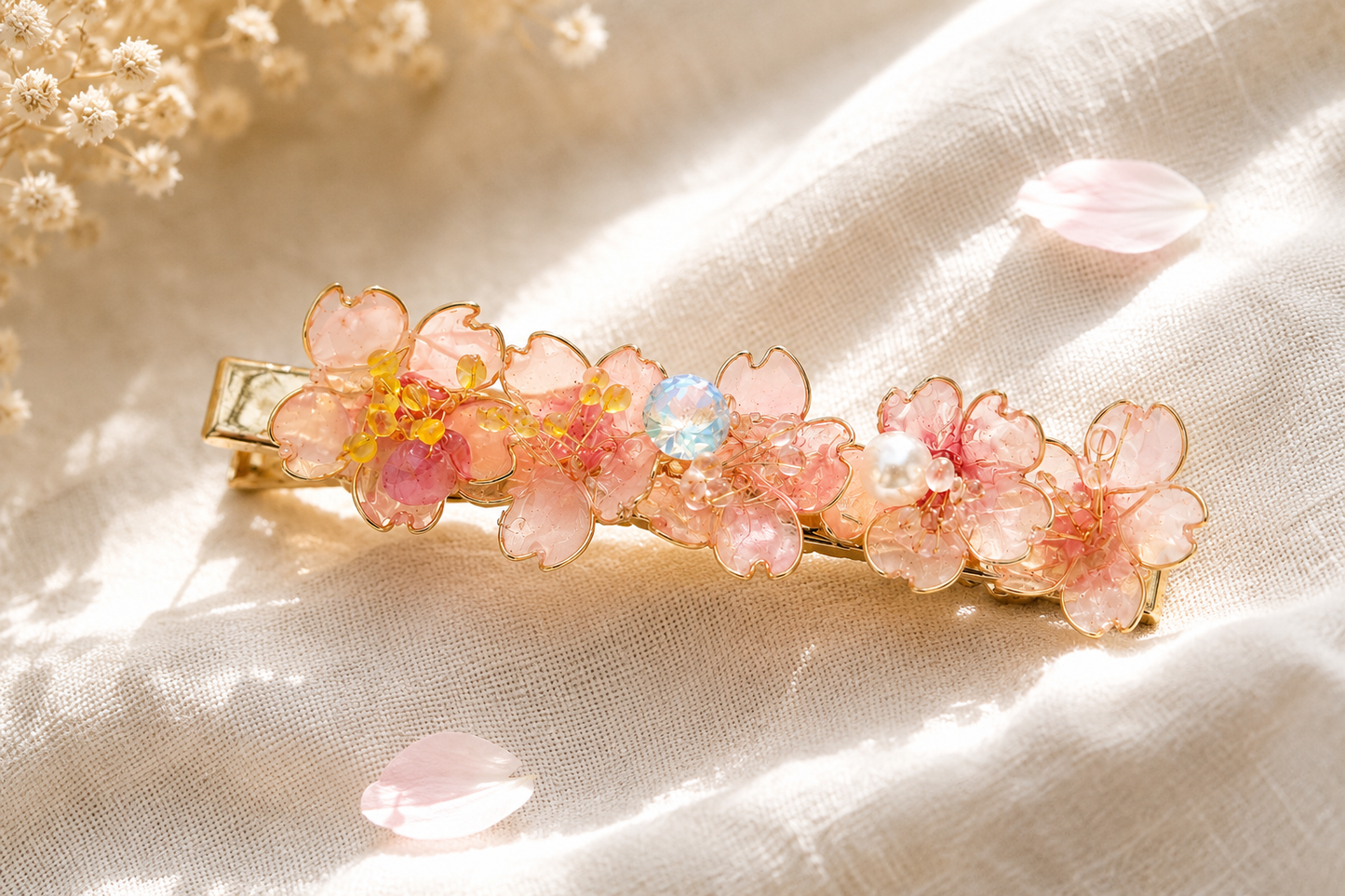 Handcrafted Sakura Resin Hair Clip - Cherry Blossom Gold Barrette | Cerisier Chic Crafts