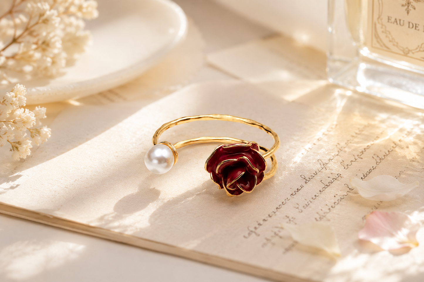 Handmade Red Rose and Pearl Open Ring | Cerisier Chic Crafts