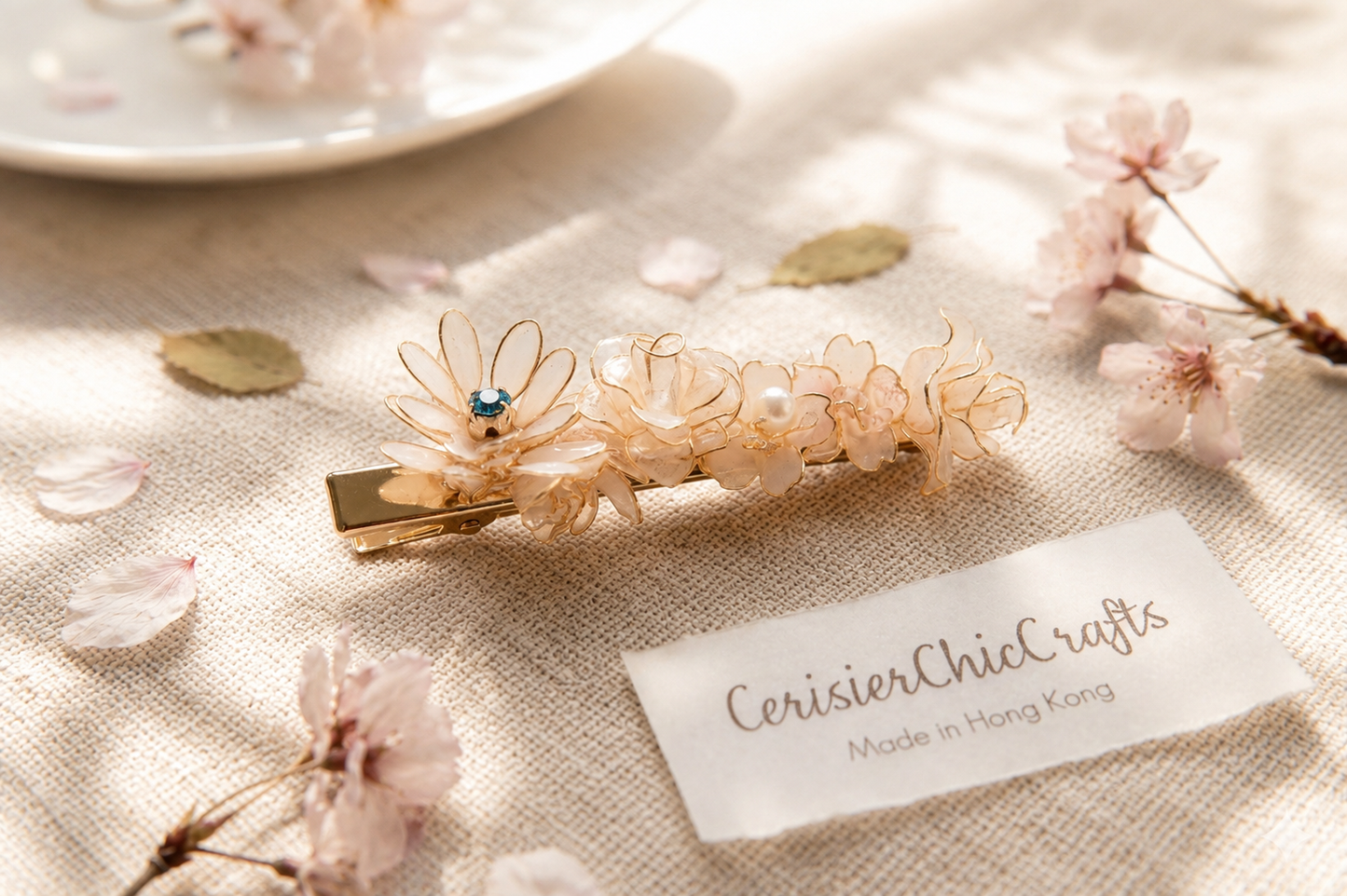 Handcrafted Resin Floral Hair Clip - Elegant Sakura & Daisy Barrette with Blue Crystal Accent | Cerisier Chic Crafts