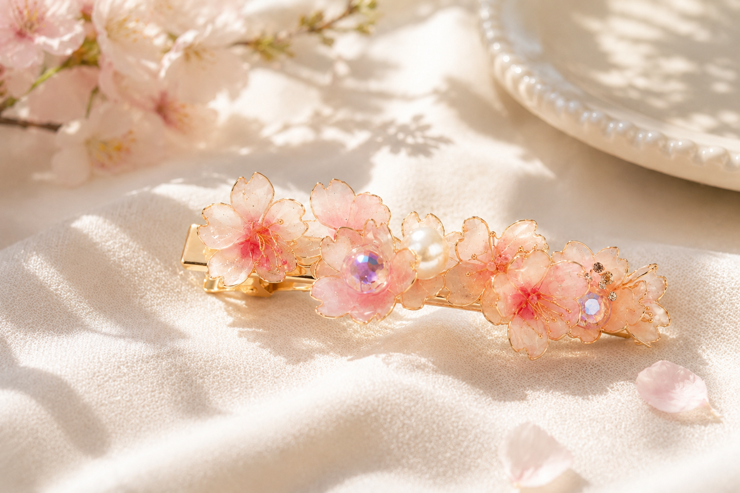 Handmade Sakura Resin Hair Clip - Romantic Cherry Blossom French Barrette