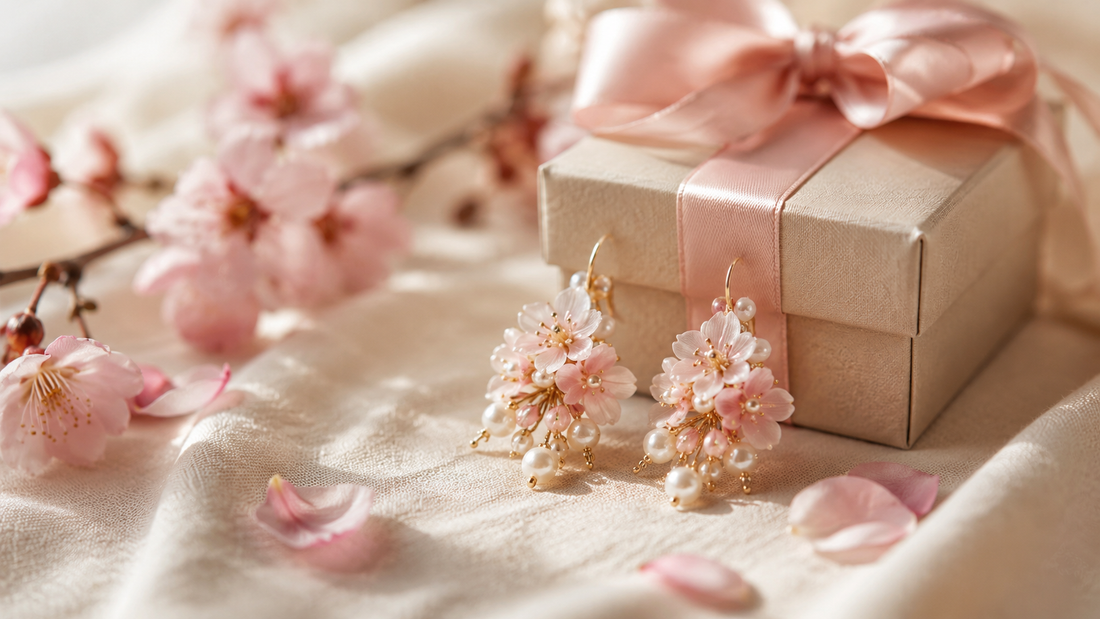 Handmade floral earrings beside a gift box as a meaningful gift for women