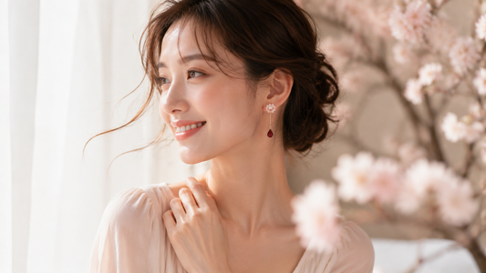 Elegant young woman wearing handmade floral earrings in a soft romantic outfit, styled for a feminine everyday fashion look.