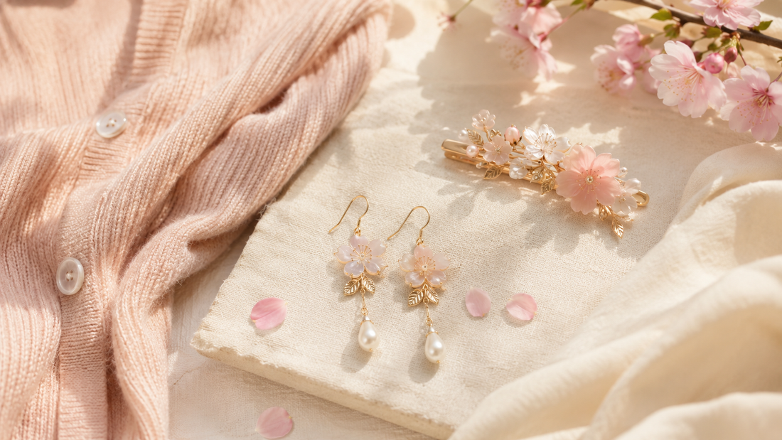 Sakura-inspired handmade accessories with floral earrings and hair clip by Cerisier Chic Crafts