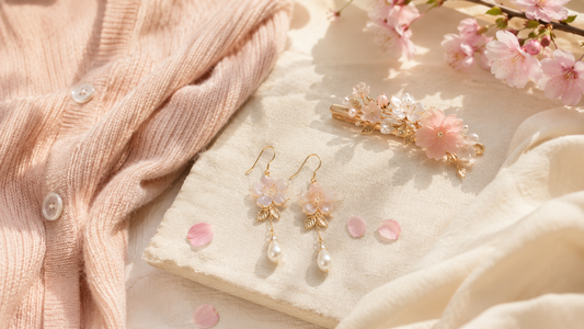Sakura-inspired handmade accessories with floral earrings and hair clip by Cerisier Chic Crafts