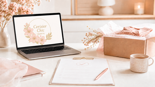 Cerisier Chic Crafts updated refund and return policy hero image with a branded laptop, checklist document, shipping box, and warm boutique workspace for a trustworthy shopping experience.