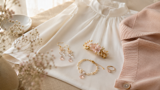 Handmade women’s accessories including earrings and hair clips styled with a soft feminine outfit by Cerisier Chic Crafts