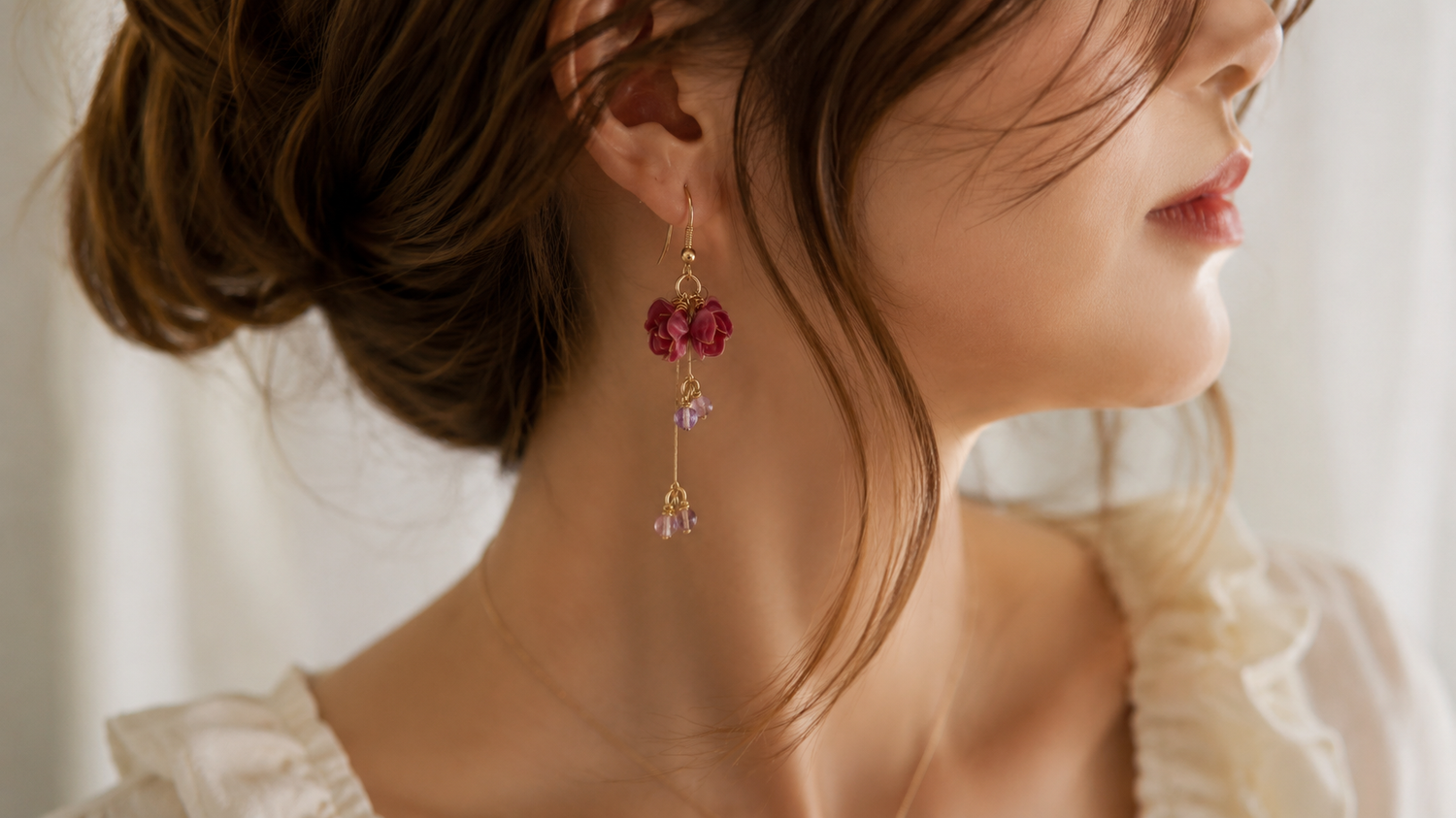 Handmade floral earrings by Cerisier Chic Crafts in a soft romantic feminine style