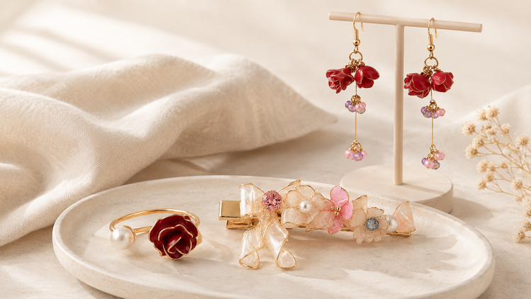 Handmade floral hair clip, rose bracelet and hanging flower earrings by Cerisier Chic Crafts in a soft Japanese-inspired setting