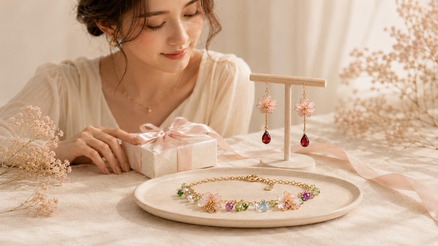 Handmade floral jewelry gifts by Cerisier Chic Crafts styled with a woman in a soft Japanese and French romantic setting