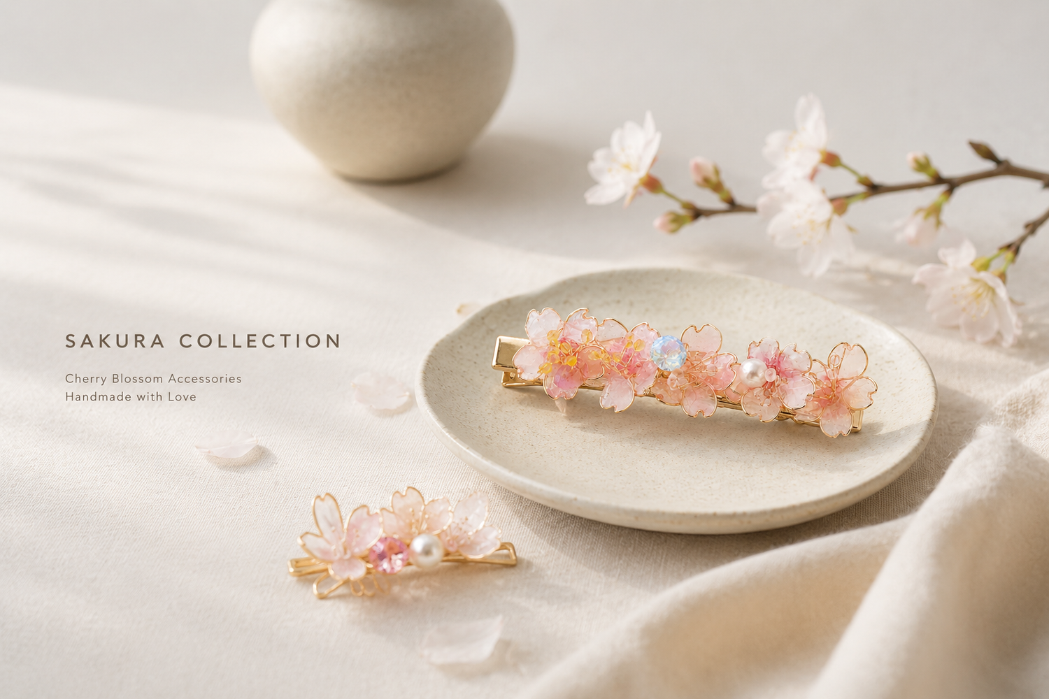 Handmade sakura resin hair clips by Cerisier Chic Crafts in a soft minimalist Japanese-inspired setting