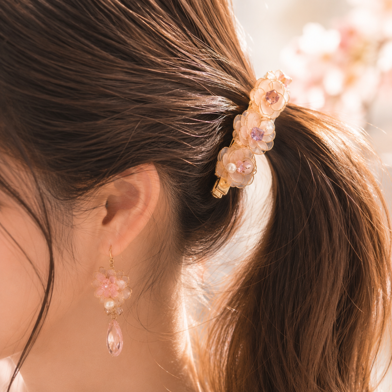 "Dreamy Sakura" Handcrafted Resin Hair Clip – Artisan Gold-Edged Petals & Pearl Accessory