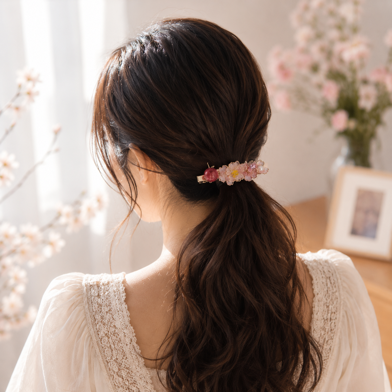 Handmade Sakura Cherry Blossom & Apple Resin Hair Clip | Cerisier Chic Crafts