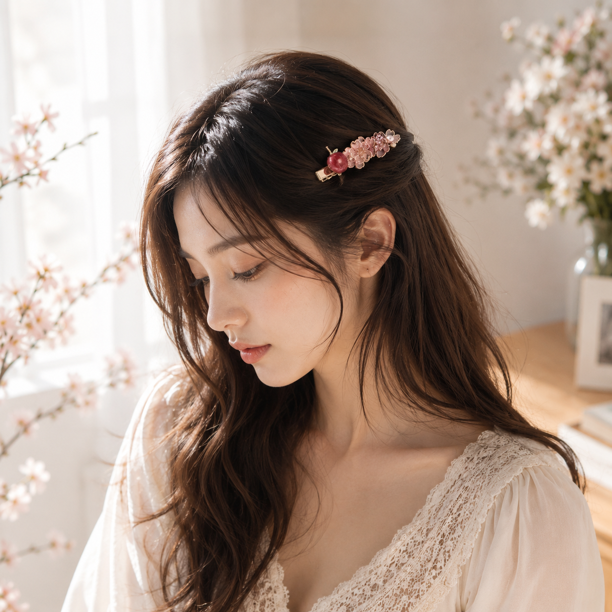 Handmade Sakura Cherry Blossom & Apple Resin Hair Clip | Cerisier Chic Crafts