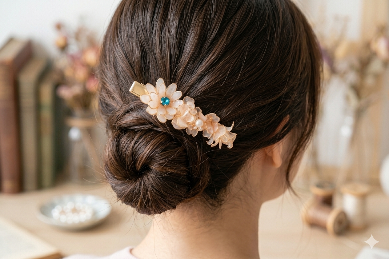 "Eye of Dawn" Handcrafted Resin Hair Clip – Teal Gemstone & Gradient Sakura Floral Accessory