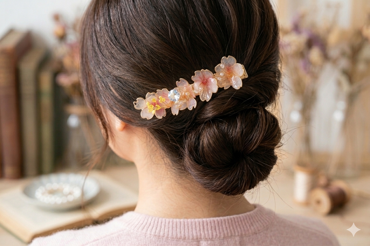 "Sakura Blossom Ensemble" Handcrafted Resin Hair Clip – Artisan Gemstone & Pearl Floral Accessory