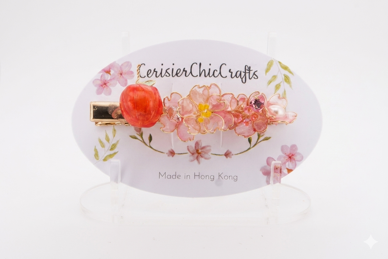 "Peace & Blossom" Handcrafted Resin Hair Clip – Artisan Red Fruit & Sakura Floral Accessory