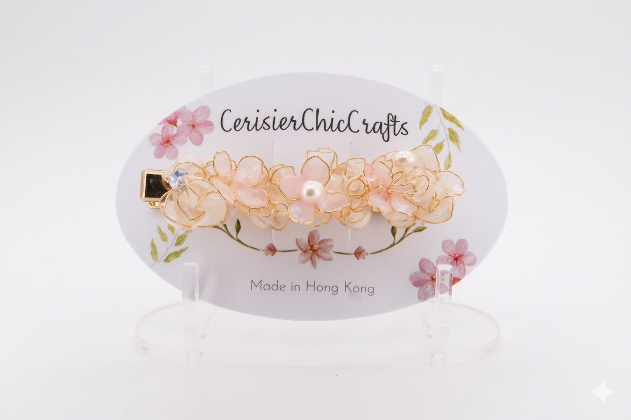 Pearlescent Sakura Handcrafted Resin Hair Clip – Delicate Soft Pink & White Floral Accessory