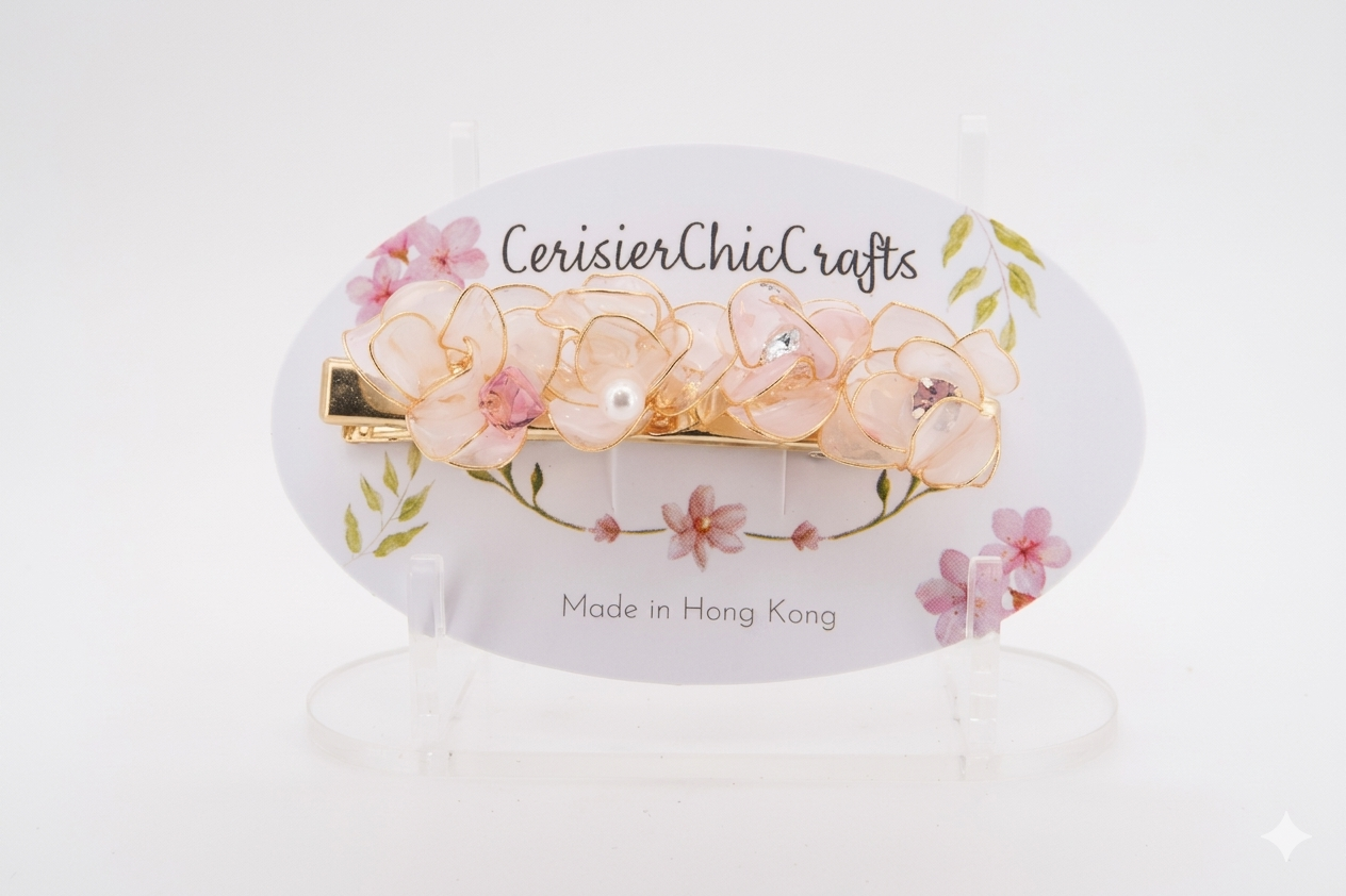 "Dreamy Sakura" Handcrafted Resin Hair Clip – Artisan Gold-Edged Petals & Pearl Accessory