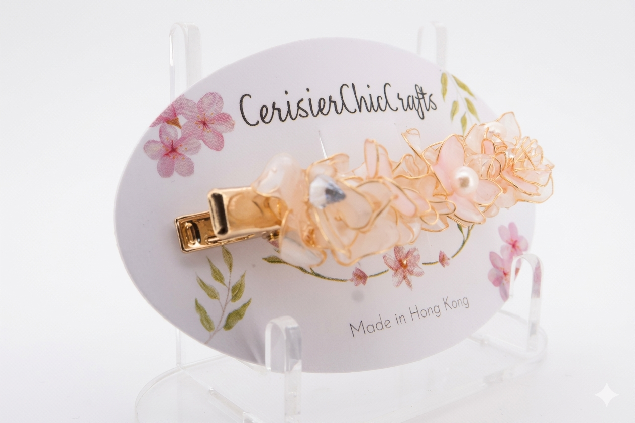 Pearlescent Sakura Handcrafted Resin Hair Clip – Delicate Soft Pink & White Floral Accessory