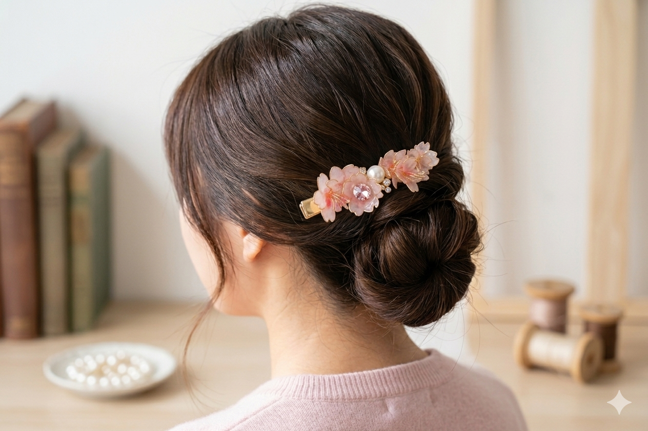 Sakura Rhapsody Handcrafted Resin Hair Clip – Dreamy Crystal & Pearl Floral Accessory