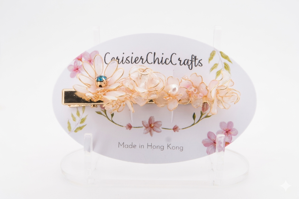 "Eye of Dawn" Handcrafted Resin Hair Clip – Teal Gemstone & Gradient Sakura Floral Accessory