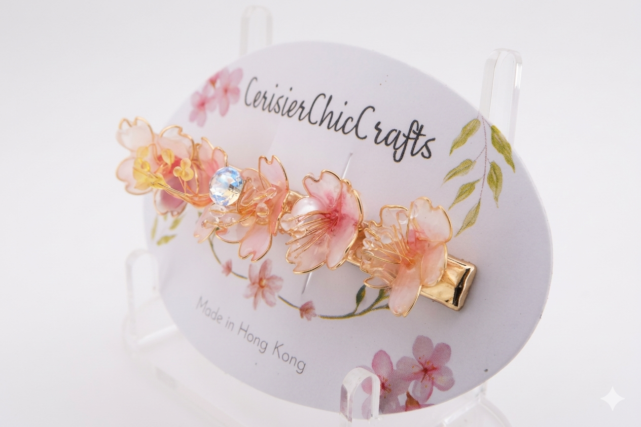 "Sakura Blossom Ensemble" Handcrafted Resin Hair Clip – Artisan Gemstone & Pearl Floral Accessory
