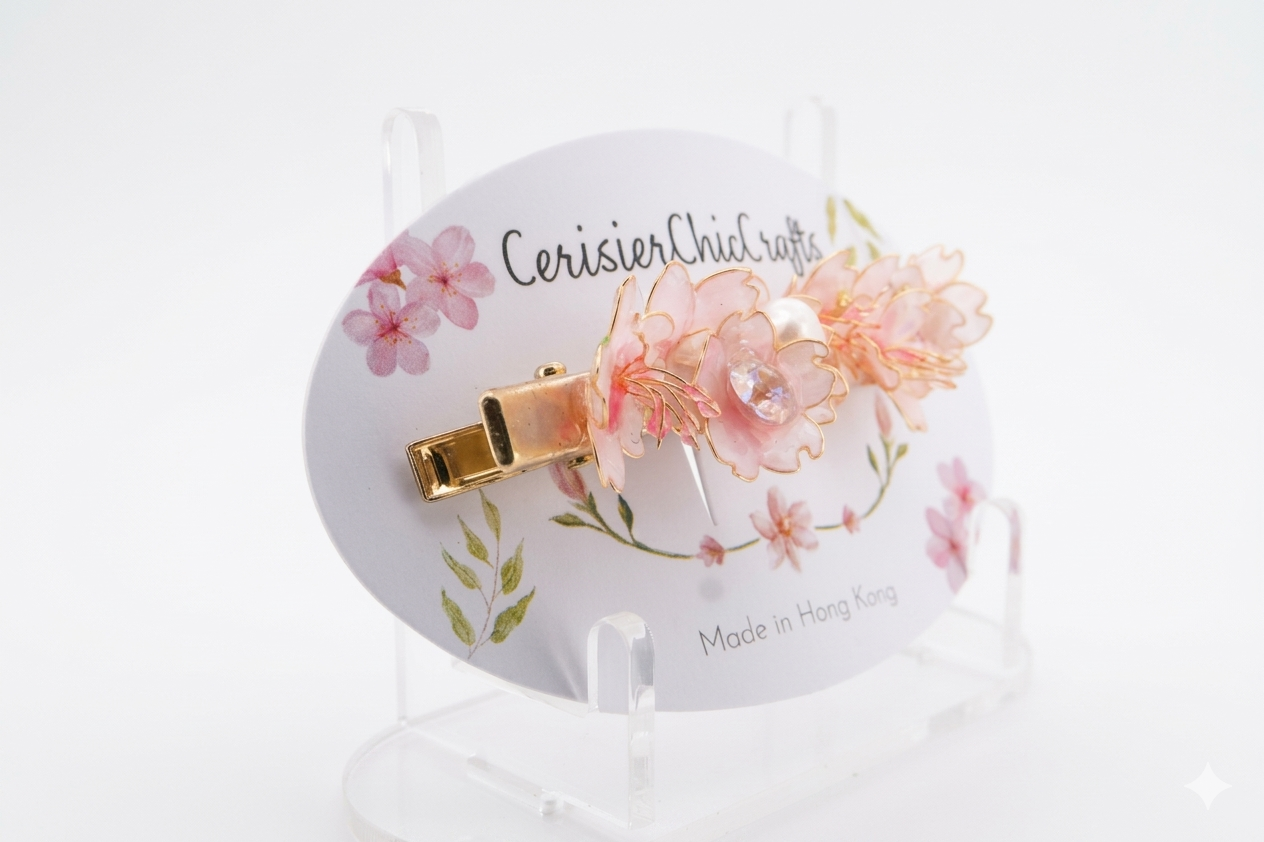 Sakura Rhapsody Handcrafted Resin Hair Clip – Dreamy Crystal & Pearl Floral Accessory