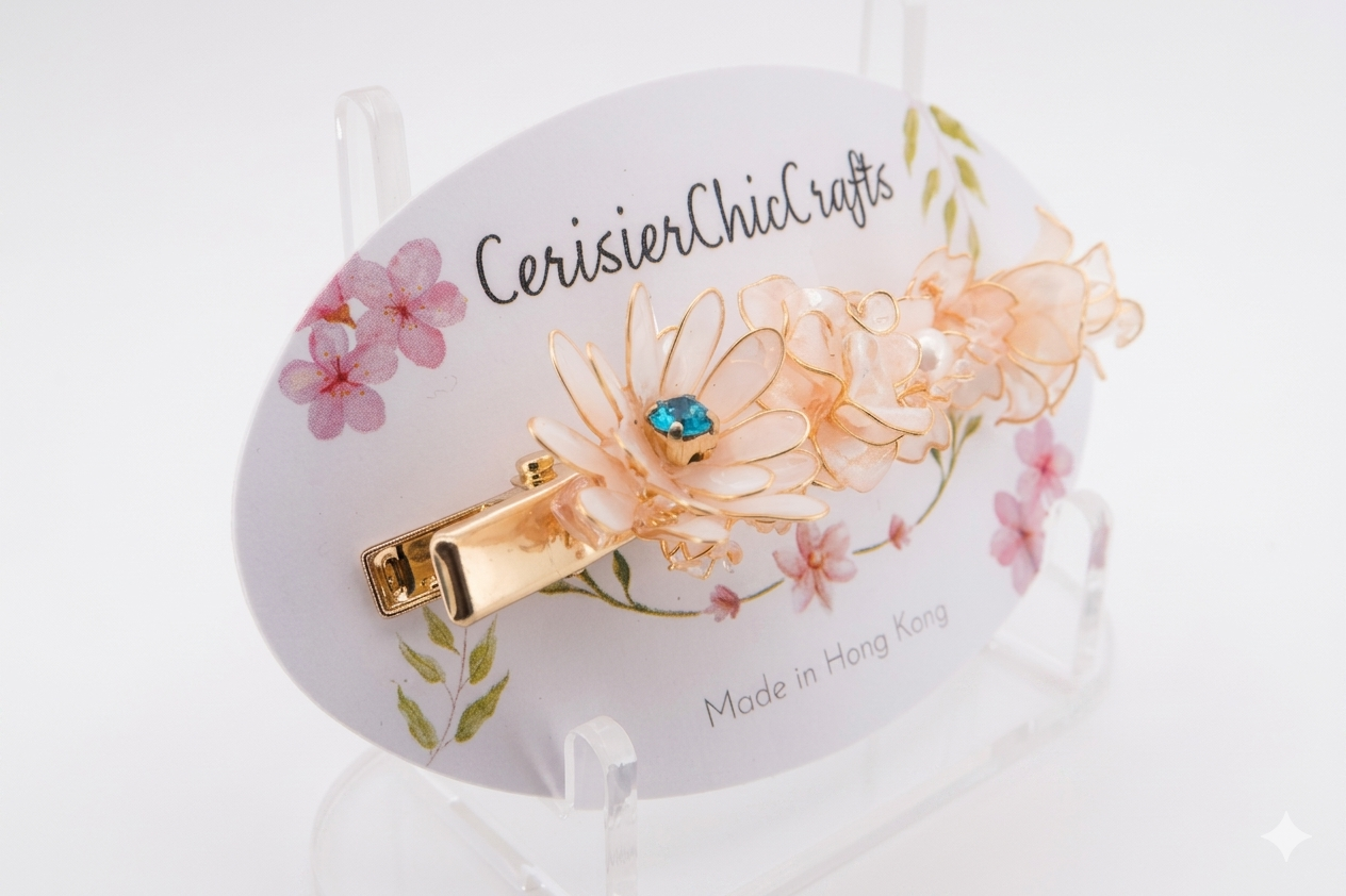 "Eye of Dawn" Handcrafted Resin Hair Clip – Teal Gemstone & Gradient Sakura Floral Accessory