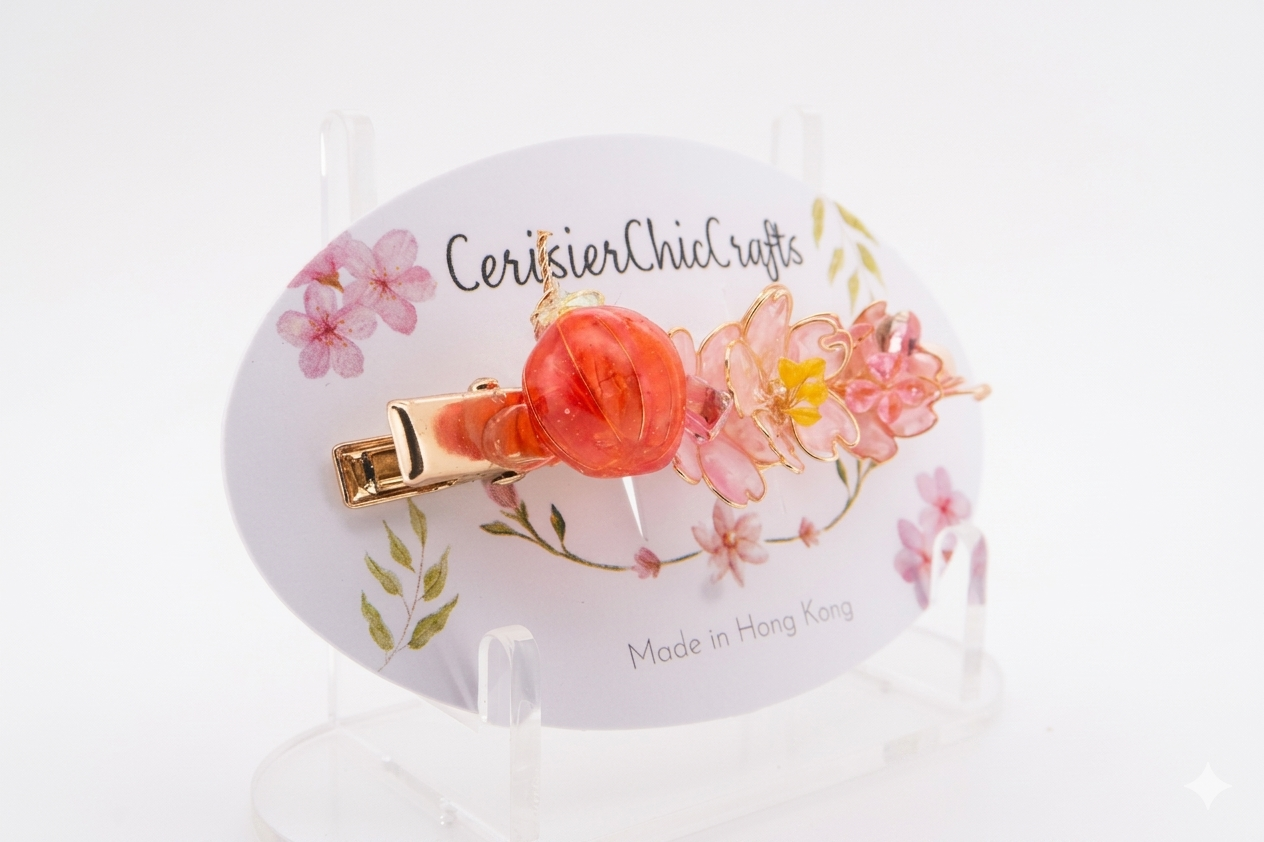 "Peace & Blossom" Handcrafted Resin Hair Clip – Artisan Red Fruit & Sakura Floral Accessory