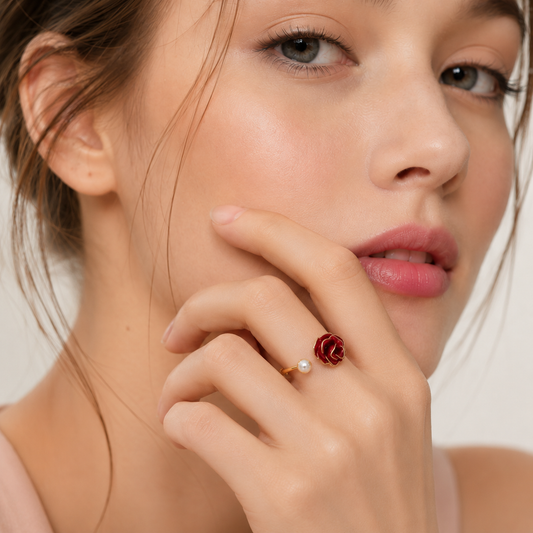 Handmade Red Rose and Pearl Open Ring | Cerisier Chic Crafts