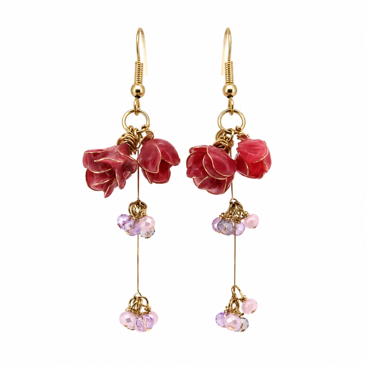 Handmade Resin Rose Dangle Earrings with Crystals - Cerisier Chic Crafts