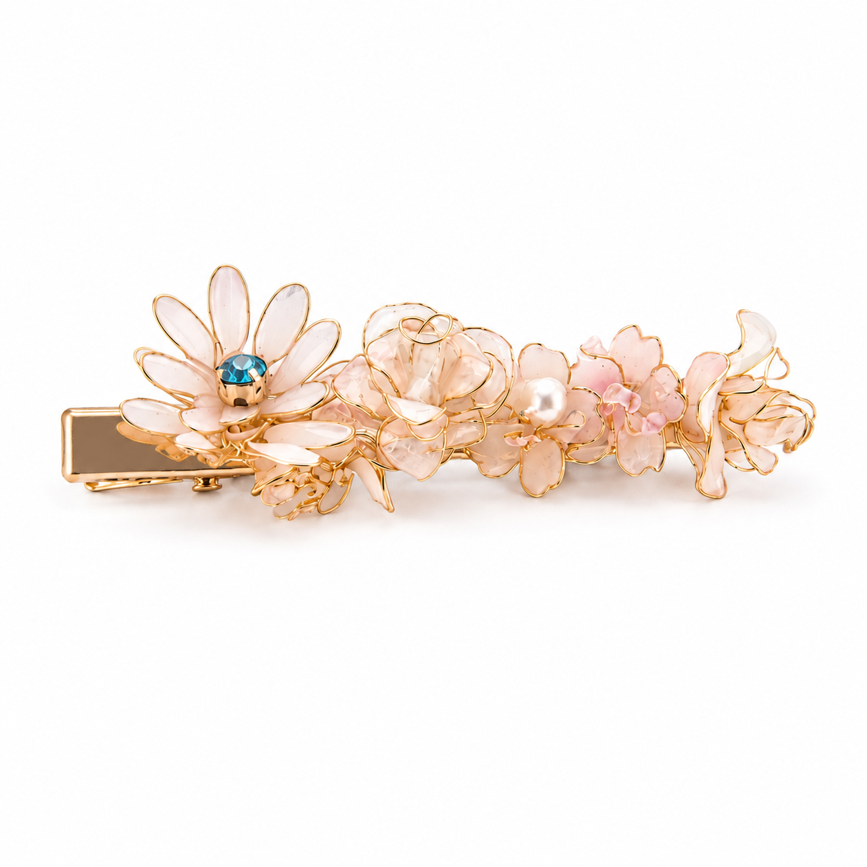 Handcrafted Resin Floral Hair Clip - Elegant Sakura & Daisy Barrette with Blue Crystal Accent | Cerisier Chic Crafts