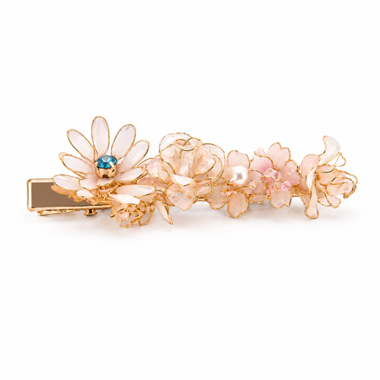 Handcrafted Resin Floral Hair Clip - Elegant Sakura & Daisy Barrette with Blue Crystal Accent | Cerisier Chic Crafts