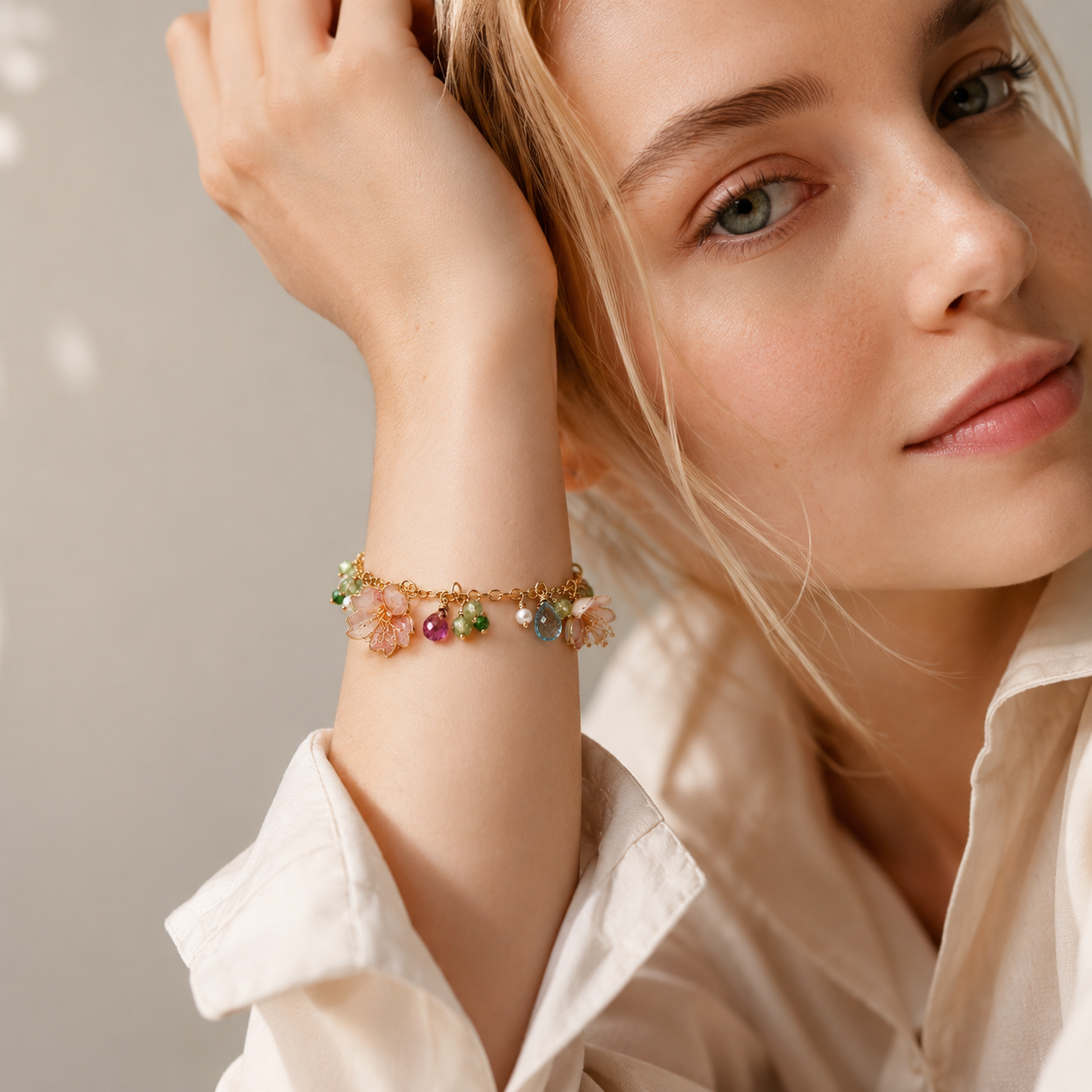 Sakura Blossom Charm Bracelet - Handcrafted Resin & Gemstone Jewelry | Cerisier Chic Crafts