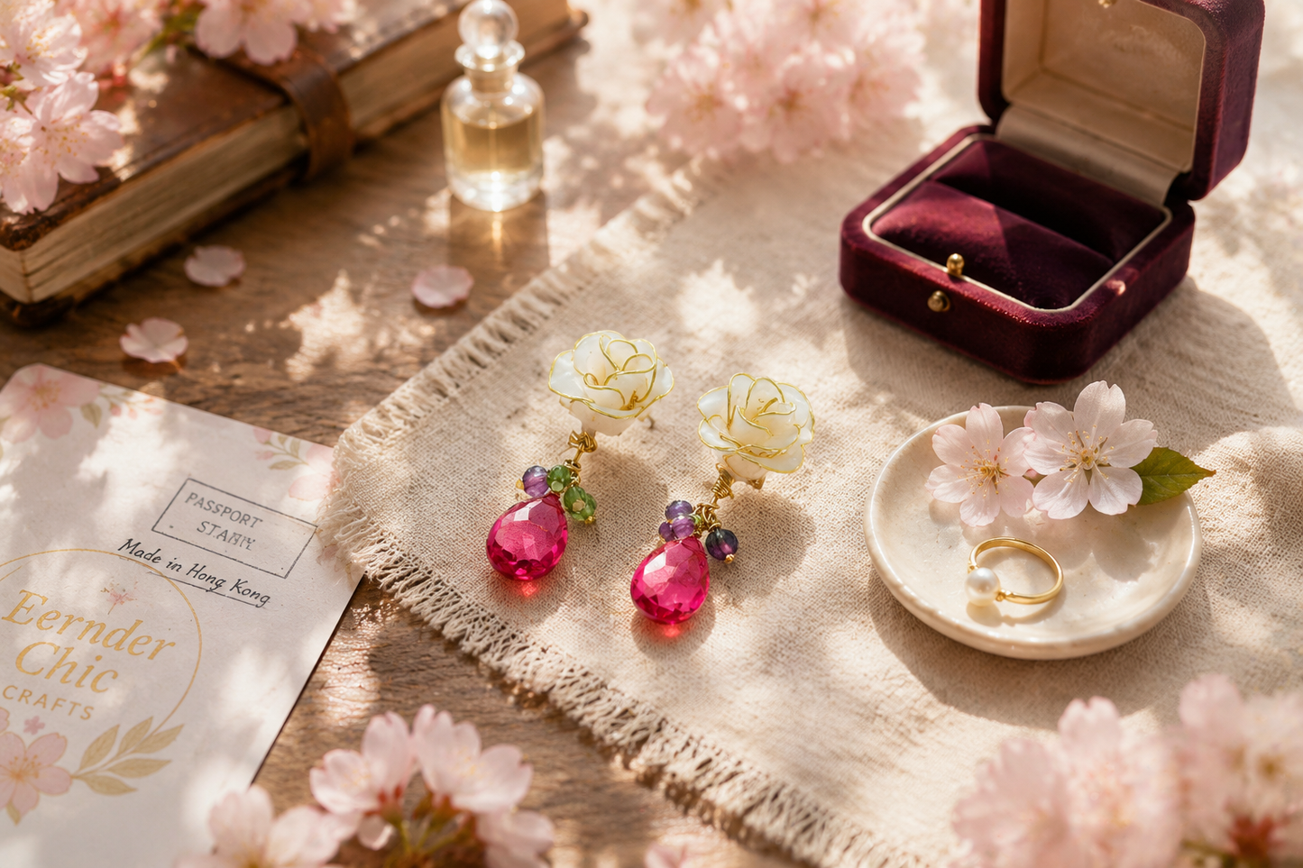 Cerisier Chic Handcrafted Resin Earrings - Handmade Gold-Edged White Rose Jewelry for Women (White)