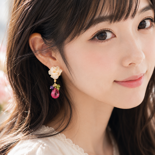 Cerisier Chic Handcrafted Resin Earrings - Handmade Gold-Edged White Rose Jewelry for Women (White)