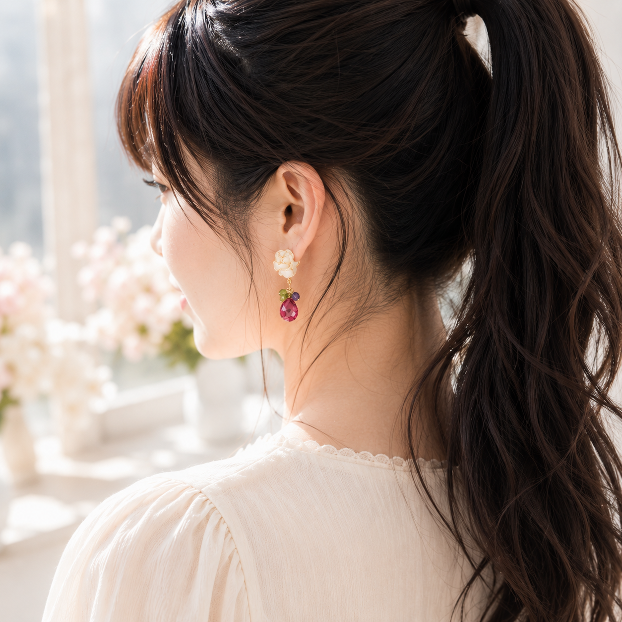 Cerisier Chic Handcrafted Resin Earrings - Handmade Gold-Edged White Rose Jewelry for Women (White)