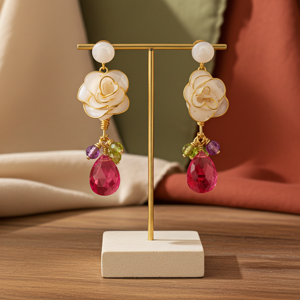 Cerisier Chic Handcrafted Resin Earrings - Handmade Gold-Edged White Rose Jewelry for Women (White)