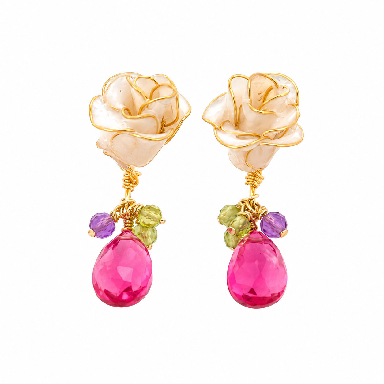 Cerisier Chic Handcrafted Resin Earrings - Handmade Gold-Edged White Rose Jewelry for Women (White)