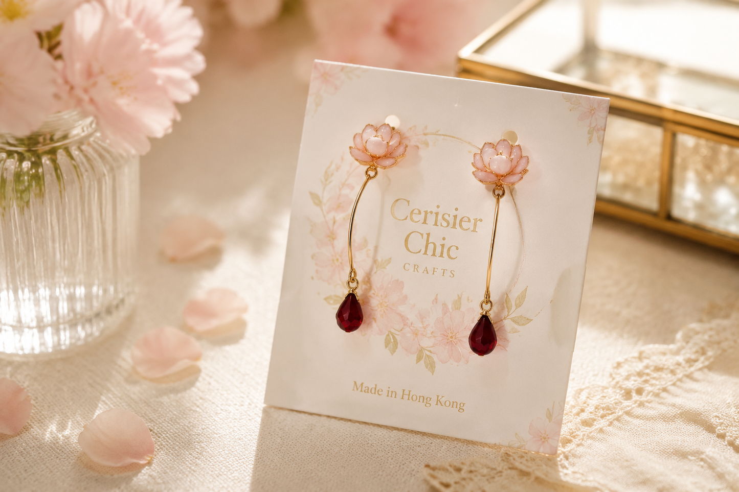 Handmade Rose Resin Drop Earrings with Ruby Pendant | Cerisier Chic