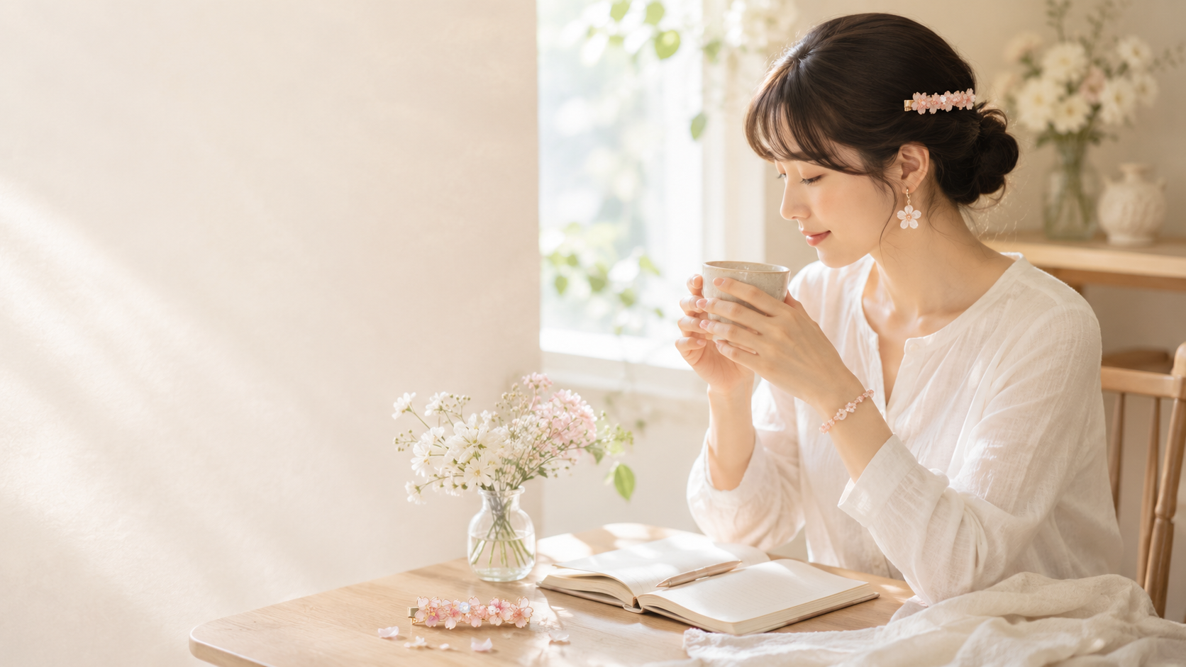 Japanese everyday lifestyle banner featuring handmade floral jewelry and hair accessories in soft Fujifilm-inspired colors