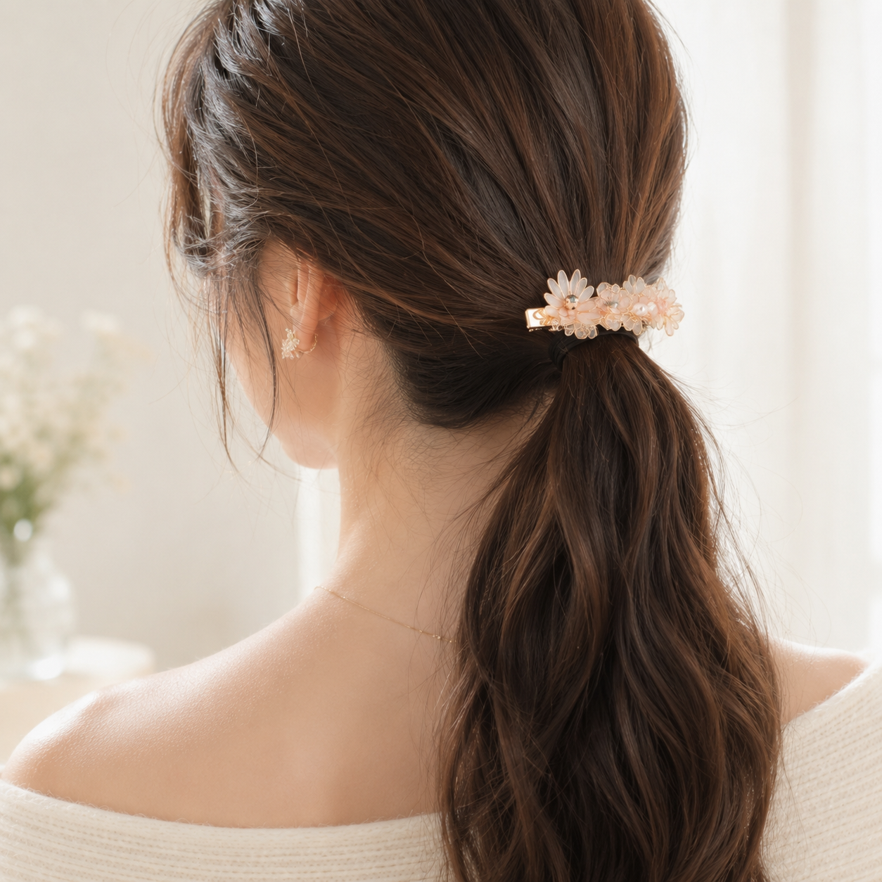 Handcrafted Resin Floral Hair Clip - Elegant Sakura & Daisy Barrette with Blue Crystal Accent | Cerisier Chic Crafts